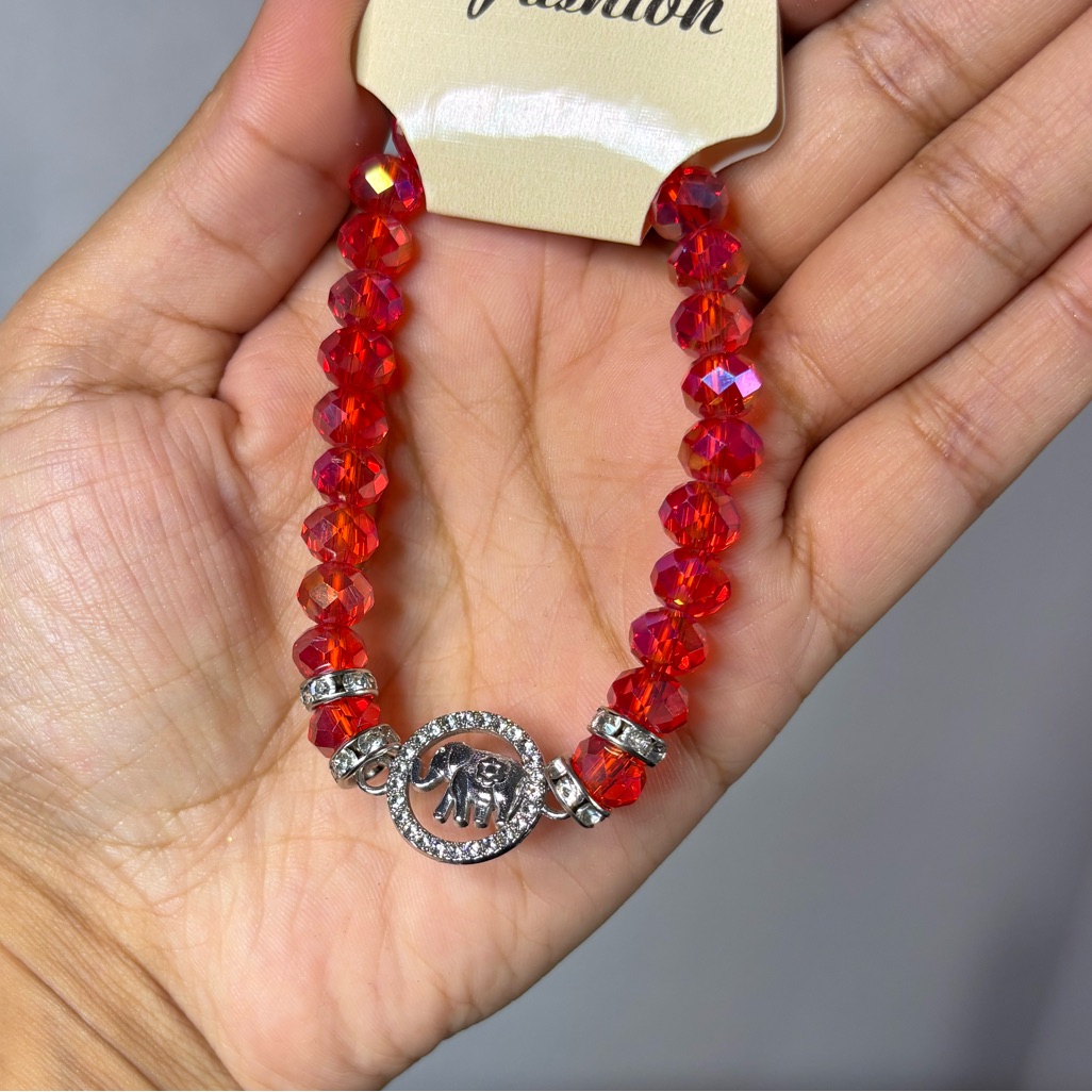 5/$25 Deal! Red Crystal Beaded Bracelet With Silver Elephant Accent